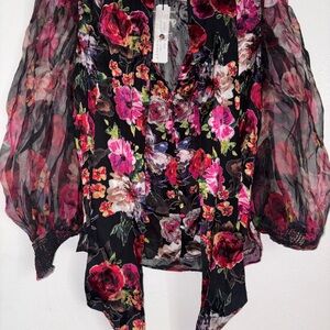 Alice + Olivia Black and Pink Floral Blouse